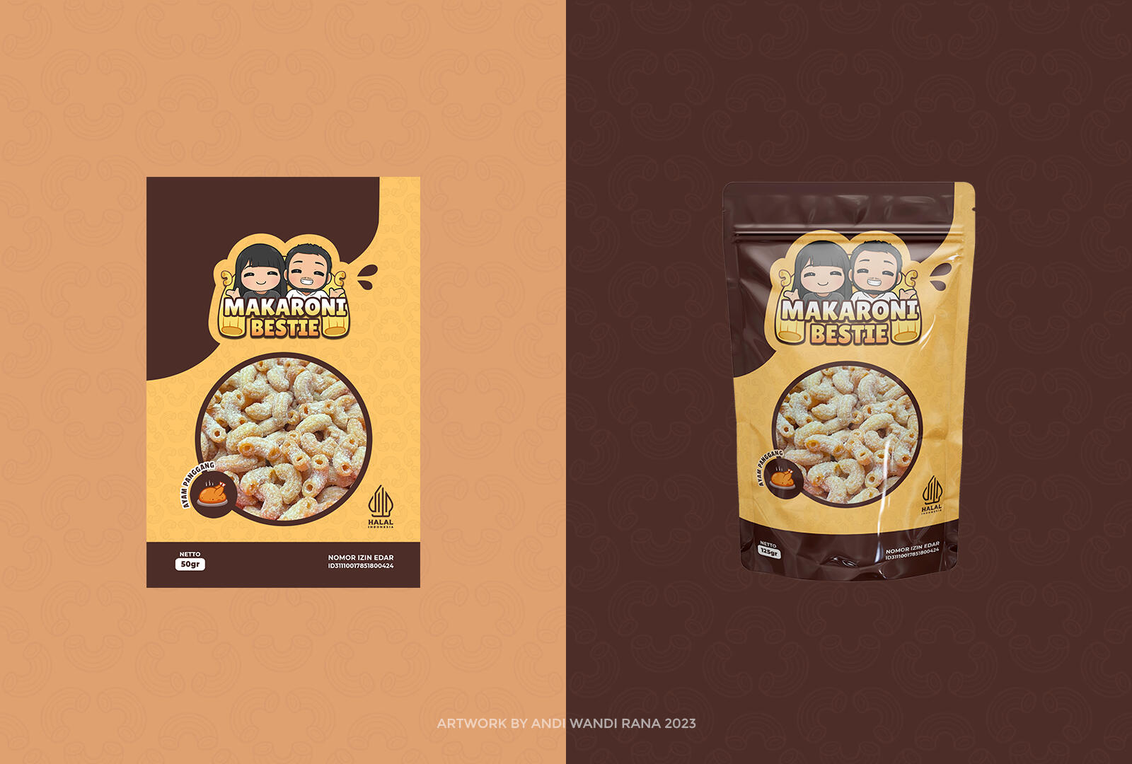 Custom packaging design for Makaroni Bestie, made in 2023 for Gema Show Indo.